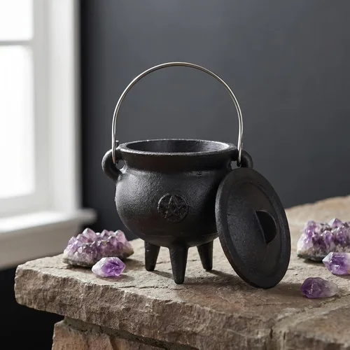 Vista 8 de DOITOOL Caldero de hierro fundido con tapa y asa, caldero de bruja de Halloween, olla de bruja negra para manchar, quemar incienso, decoración