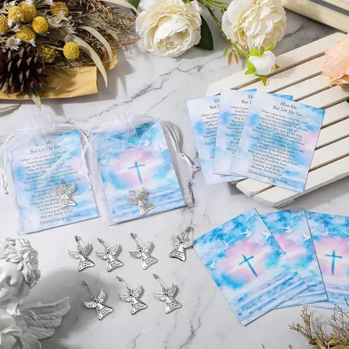Vista 4 de SATINIOR 100 juegos de recuerdos fúnebres, alfileres conmemorativos de ángel de celebración de la vida con tarjetas de oración, bolsas de organza
