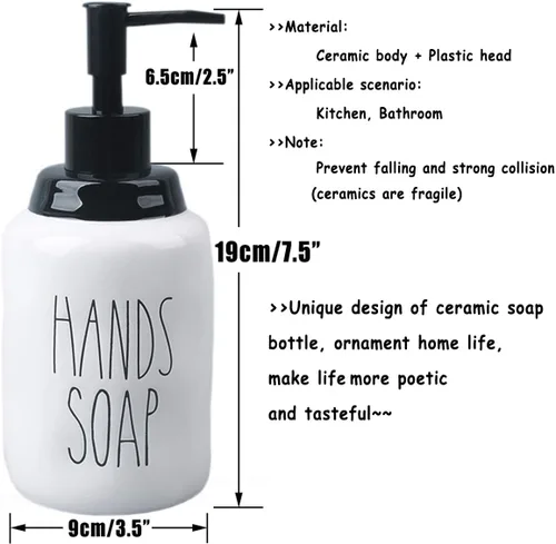 Vista 3 de Dispensador de jabón de manos de cerámica – Botellas dispensadoras de líquido estilo granja, perfecto para encimera de cocina o decoración