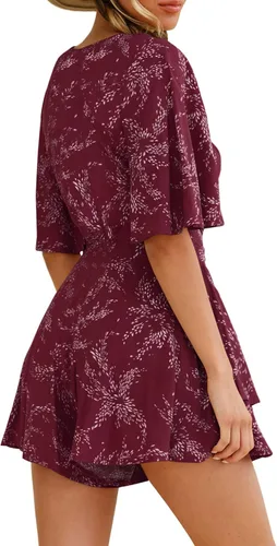Vista 6 de Relipop Enterizo de verano para mujer, diseño floral, cuello en V, manga corta, cintura con nudo y dobladillo con volantes, overol corto casual