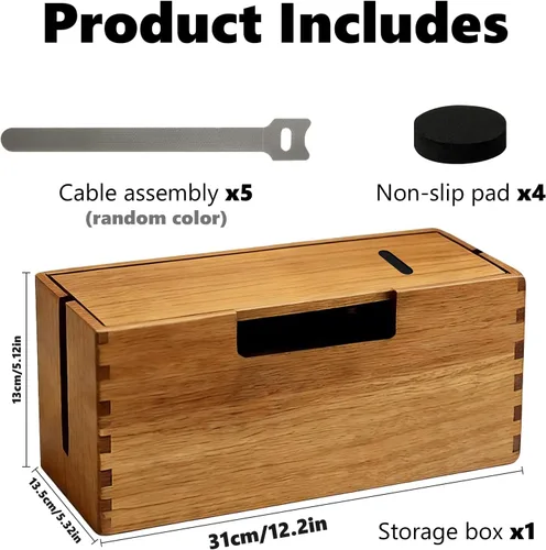 Vista 7 de Caja de gestión de cables de madera de acacia, organizador de cables de madera para regleta de alimentación, almacenamiento de cables