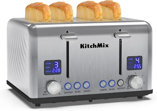 Vista 12 de Tostadora de 4 rebanadas, tostador de panecillos de acero inoxidable KitchMix con temporizador LCD, ranuras extra anchas, pantalla dual, bandeja