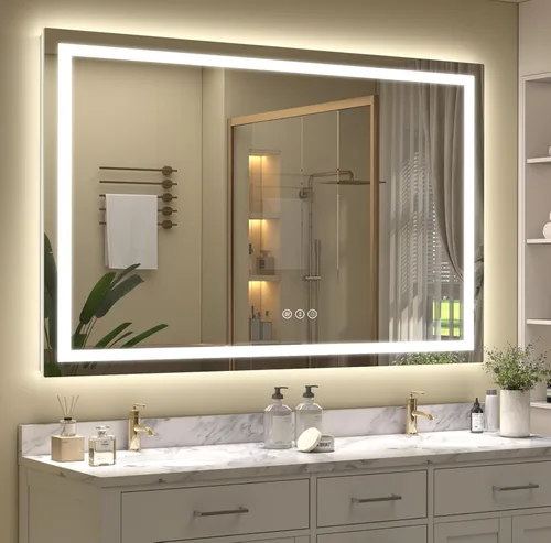 Vista 17 de Espejo de baño LED iluminado de 30 x 30 pulgadas para pared, espejo cuadrado de tocador con luces, regulable, antivaho, a prueba de roturas