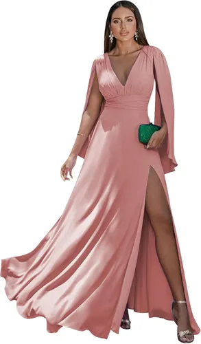 Vista 28 de Women's Long Sleeve Bridesmaid Dresses V-Neck Chiffon Ruched Formal Dress Evening Gown with Slit