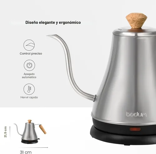 Vista 3 de Bodum Melior - Hervidor de agua eléctrico de cuello de cisne de 27 onzas, para verter sobre café y té, acero inoxidable cepillado