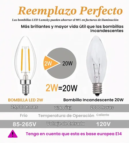 Vista 4 de Bombilla Edison de filamento LED de base europea E14, 2 W, blanco cálido, 2700 K, no regulable (paquete de 4)