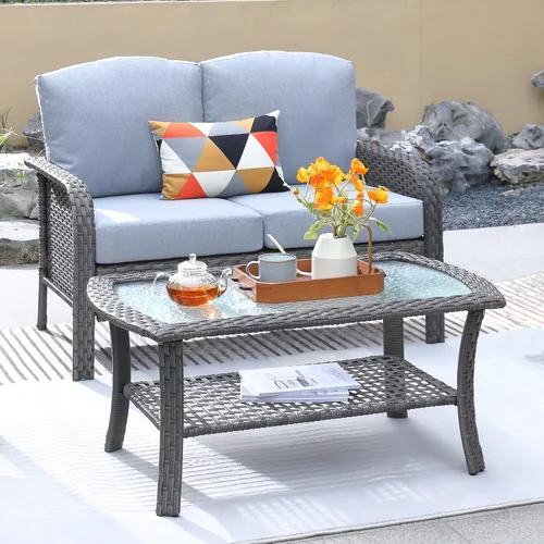 Vista 17 de ovios - Juego de muebles de patio de 2 piezas, sofá de mimbre para exteriores con sillas, silla de ratán con respaldo alto con cómodos cojines