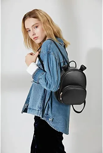 Vista 2 de Bonita mochila para adolescentes, niñas, mujeres, tamaño pequeño, bolso de hombro de piel sintética, casual, mini mochilas bolsa de viaje, Negro