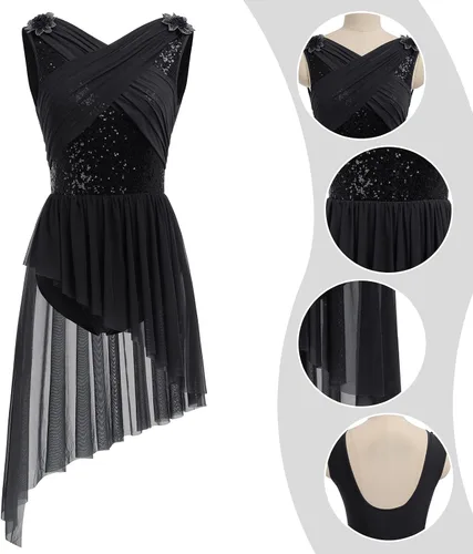 Vista 6 de AFAVOM Disfraz de baile lírico para mujer, vestido de lentejuelas con flores, falda asimétrica de tul fluida, disfraces de danza contemporánea