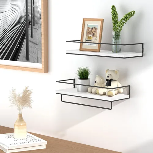 Vista 4 de ZGO Juego de 2 estantes flotantes para pared, estantes de almacenamiento montados en la pared con marco de metal negro y toallero para baño, Blanco