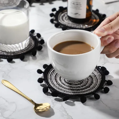 Vista 3 de Juego de 6 posavasos tejidos de algodón, accesorios de decoración de escritorio, posavasos de mesa para barra de café, 5.2 pulgadas