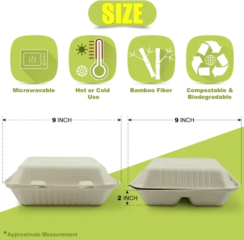 Vista 6 de Green Earth, 9 pulgadas, 50 unidades, 3 compartimentos, almeja compostable, BAM ware (fibra de bambú), cajas de comida para llevar – recipientes 9
