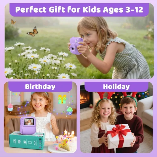 Vista 6 de Cámara de impresión instantánea para niños, regalos de Navidad y cumpleaños para niños y niñas de 3 4 5 6 7 8 9 10 11 12 años, cámaras de Púrpura
