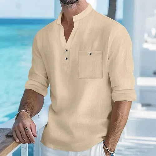 Vista 2 de Men's Henley Shirts Roll-Up Long Sleeve Band Collar Tops Casual Breathable Summer Beach Tees for