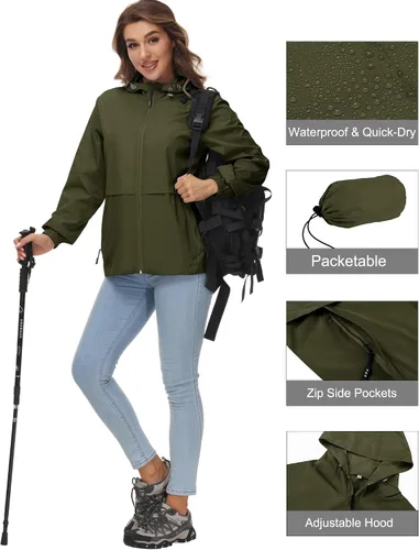 Vista 4 de Avoogue Chaqueta impermeable para mujer, ligera, plegable, con capucha, rompevientos para exteriores Verde militar