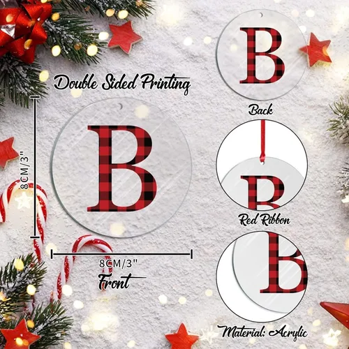 Vista 3 de Adornos de Navidad personalizados, monograma personalizado, letra inicial B, divertida decoración colgante de Navidad, a cuadros rojos y negros