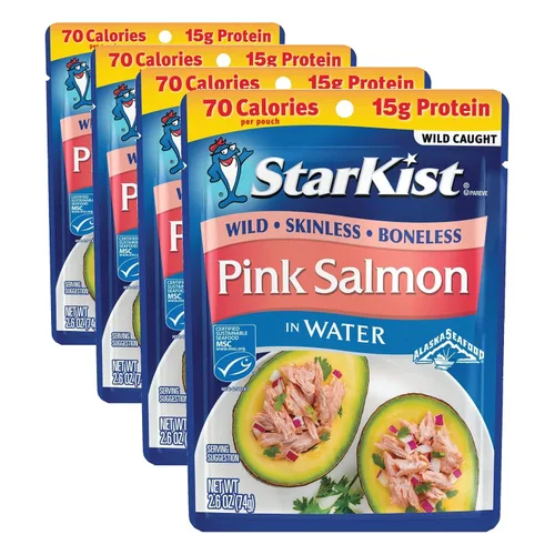 Vista 11 de StarKist Salmón rosado sin piel y sin hueso en agua, bolsa de 2.6 onzas 0.53 oz de proteína por porción, capturado en la naturaleza, sin gluten