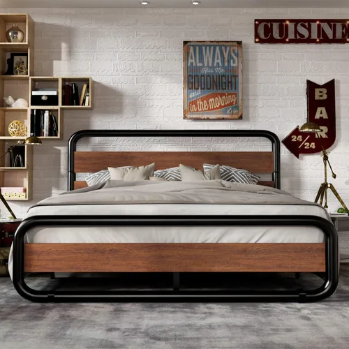 Vista 7 de MUTICOR Base de cama de metal de tamaño matrimonial con cabecero y estribo de madera redondos/curvos, marco de cama de plataforma con almacenamiento