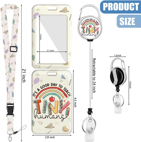 Vista 2 de Soporte para tarjetas con cordón y clip retráctil para carrete de insignias, bonito protector de identificación vertical de arco iris, llavero