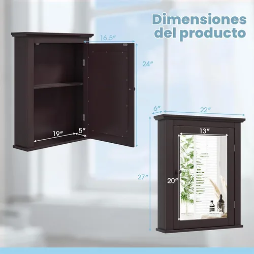 Vista 3 de Botiquín marrón con espejo, almacenamiento ajustable montado en la pared para baño, sala de estar, dormitorio, entrada y cocina