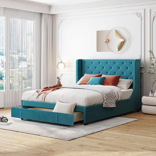 Vista 19 de VilroCaz Cama de plataforma suave de terciopelo de tamaño matrimonial de 52 pulgadas de alto y decoración de remaches, cama con plataforma