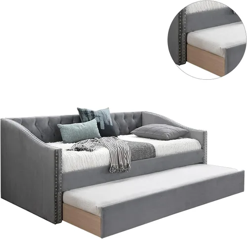 Vista 5 de Cama de día tapizada de terciopelo con ribete de clavos, color gris