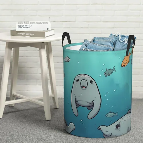 Vista 8 de Crazy Save Manatee print Circular Hamper Waterproof Storage Bin Organizer Basket Laundry Hamper With Handles For Clothes Toys Small