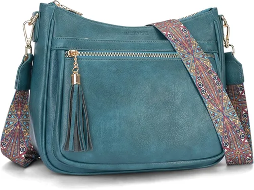 Vista 9 de Bolsos cruzados medianos para mujer, de cuero vegano, bolsos cruzados con múltiples bolsillos, bolsos de hombro con borla