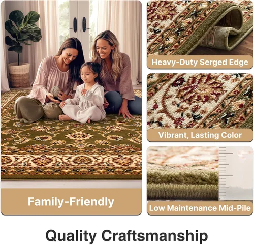 Vista 7 de Well Woven Barclay Collection Sarouk - Alfombra redonda verde de 5 pies para sala de estar, dormitorio y comedor Negro