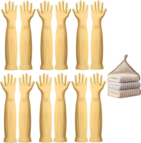 Vista 7 de 3 pares de guantes de 17.8 pulgadas de longitud con codo de goma reutilizables, impermeables, para limpieza del hogar y cocina, tamaño pequeño
