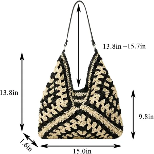 Vista 6 de Bolsos Hobo de paja para mujer, bolso de hombro vintage, bolsa de mano, bolsa de playa de diseñador, bolsa de playa, vacaciones, trabajo, todos