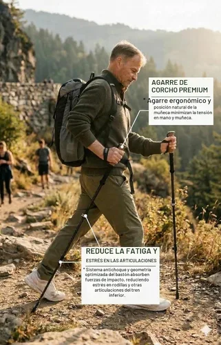 Vista 2 de Montem Bastones de senderismo de fibra de carbono – Bastones de senderismo ultraligeros 3K, plegables y ajustables con agarre de corcho, bastones
