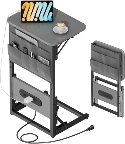 Vista 9 de HLDIRECT - Mesa auxiliar en forma de C con estación de carga, mesa lateral para sofá con bolsa de almacenamiento, bandeja para TV ajustable