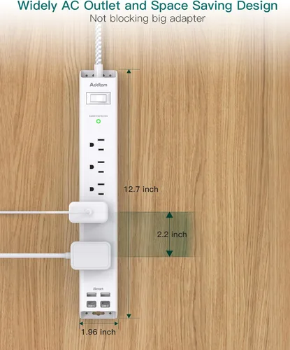 Vista 7 de 2 paquetes de tira de alimentación con protector de sobretensión - 5 salidas ampliamente espaciadas 4 puertos USB, cable de extensión de 5 pies