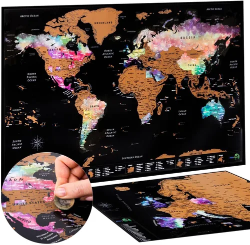 Vista 10 de Atlas & Green Mapa del mundo para raspar, todos los estados de EE. UU., mapa de viaje grande de 28 x 16.5 pulgadas. Places I've been Map World