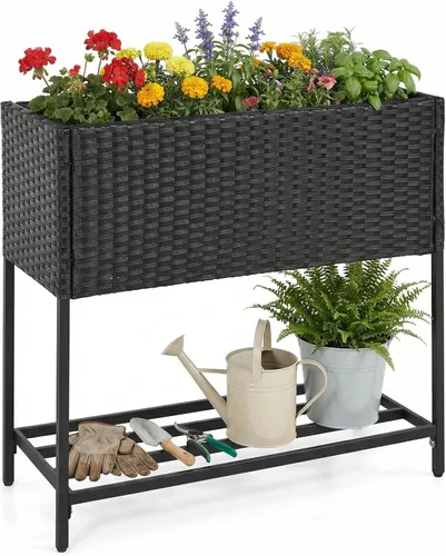 Vista 10 de HAPPYGRILL Cama de jardín elevada de ratán con patas, estante inferior de Maceta elevada con forro extraíble, sistema de drenaje, maceta elevada