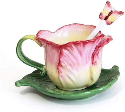 Vista 9 de Juego de taza de té y platillo de cerámica, taza de café de flores pintadas a mano en 3D de 6 onzas, regalo para mujeres, tulipán naranja