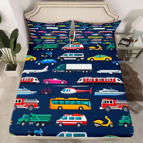 Vista 21 de Juego de sábanas bajeras ajustables para niños, diseño de caricaturas, camiones, tamaño individual, juegos de ropa de cama de excavadoras, camiones