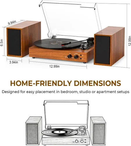 Vista 11 de Tocadiscos de vinilo vintage con altavoces estéreo externos, tocadiscos de 3 velocidades con entrada Bluetooth, grabación USB a PC, parada