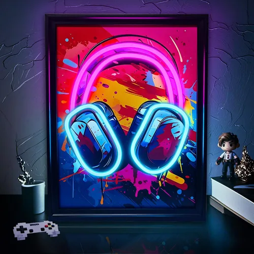 Vista 8 de Cartel de neón para gamer, arte de pared con forma de gamepad regulable en acuarela, imágenes coloridas sobre lienzo para colgar en pared