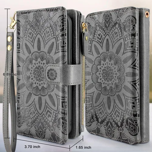 Vista 2 de Harryshell Funda de cuero desmontable con cremallera magnética con bolsillo para monedas, 12 ranuras para tarjetas, correa de muñeca para Samsung
