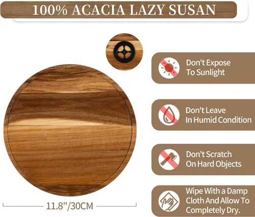 Vista 5 de Hanobe Bandeja de madera Lazy Susan: mesa giratoria redonda de madera de acacia bandejas decorativas para mesa de centro de mesa de centro de mesa
