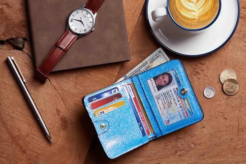 Vista 6 de Gostwo - Cartera compacta de piel genuina de lujo para mujer con bloqueo de RFID y ventana de identificación