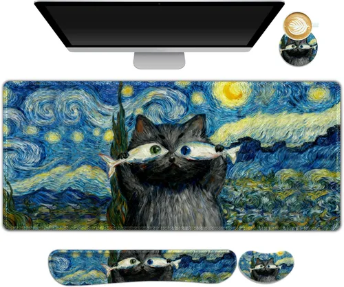 Vista 10 de DINKY Alfombrilla de escritorio con diseño de flor negra, alfombrilla grande para mouse con reposamuñecas, 4 en 1 XXL, reposamuñecas para teclado