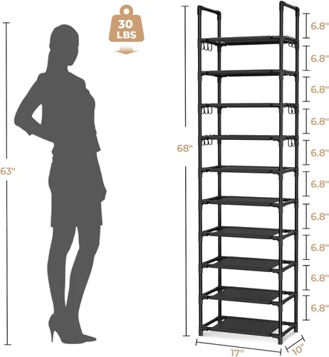 Vista 3 de VTRIN - Estantería alta de 10 niveles para zapatos, con capacidad para 20-25 pares de zapatos, organizador vertical resistente con 18 ganchos