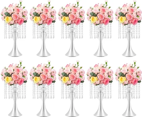 Vista 10 de Juego de 10 portavelas de metal dorado de 10.2 pulgadas de alto, florero, arreglo floral, candelabro, candelabro, portavelas para bodas, fiestas