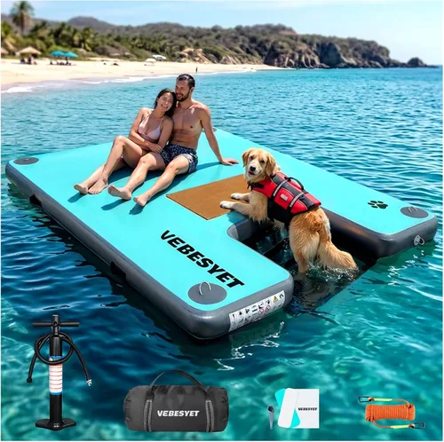 Vista 9 de Muelle inflable con rampa de agua, muelle flotante inflable antideslizante de 6 pulgadas de grosor para perros y adultos, plataforma flotante