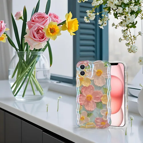 Vista 3 de IDweel Funda para iPhone 11, Lujosa Pintura al Óleo Retro Colorida con Patrón de Flores Brillantes Impresas, Lindo Borde Ondulado Rizado, Exquisita