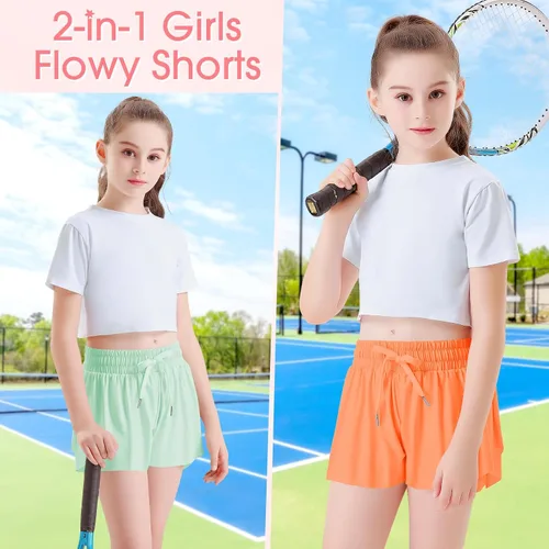 Vista 2 de QooNoo Girls Butterfly Shorts with Pocket Flowy Athletic Shorts High Waist Preppy Running Shorts for Kids Teen
