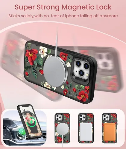 Vista 5 de Dretal Magnético para iPhone 11 Pro, Funda Floral, Protector de Pantalla, Anillo de Lente Integrado, Soporte, Protección de Grado Militar, Funda